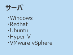 サーバ
・Windows
・Redhat
・Ubuntu
・Hyper-V
・VMware xSphere